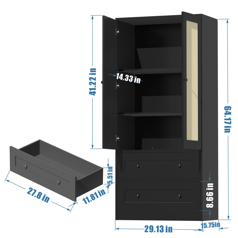 Armoire de cuisine de 64,2 po de hauteur en rotin, armoire de rangement avec portes et tiroirs, armoire de rangement autoportante en bois pour la cuisine, la salle à manger