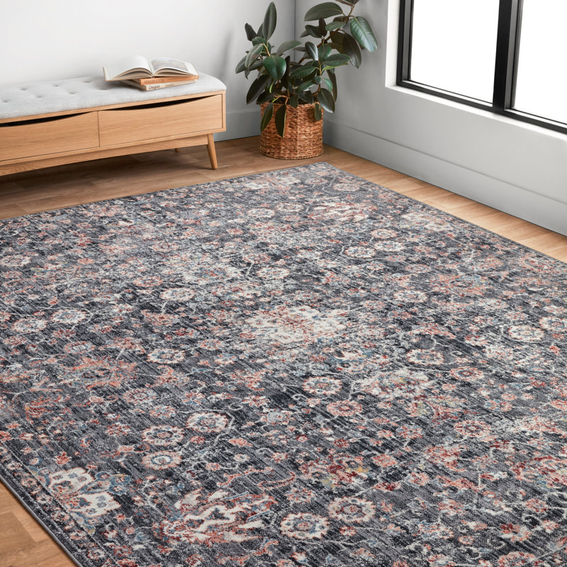 Tapis d'intérieur gris anthracite / rouille en polypropylène tissé à la machine Fiorillo, Rectangle 5 pi 3 po x 7 pi 9 po