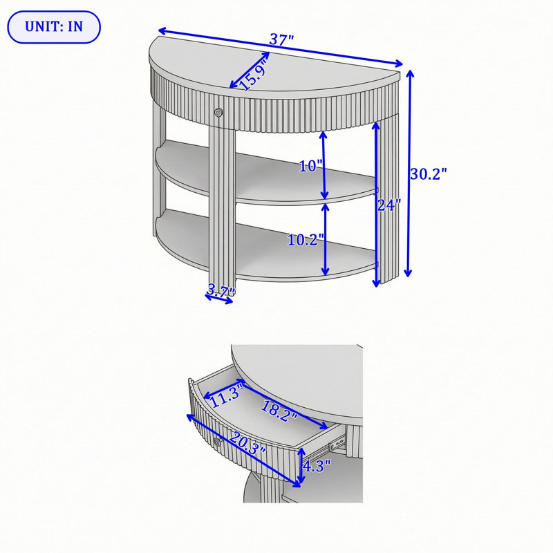 Console avec tiroir et deux tablettes, Crème