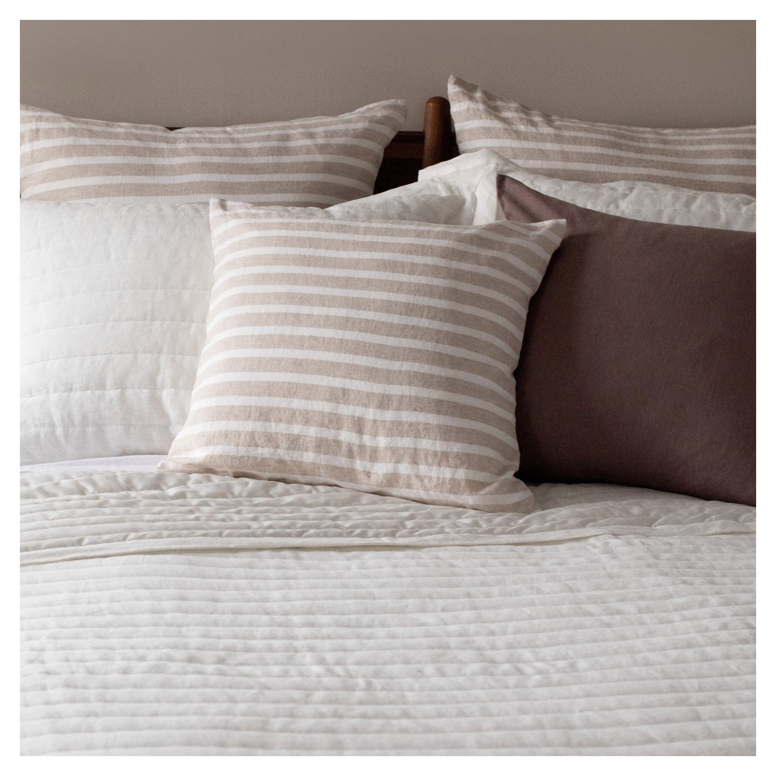 100% French Linen Pillow Sham, Square 20", Putty & Cream Stripe, Pillow Cover Only - No Insert