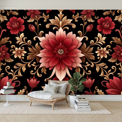 Papier peint autocollant à motif de feuilles de pétales à motif floral rouge élégant H 100 po x l 144 po, papier peint amovible en PVC autocollant pour chambre à coucher, bureau à domicile