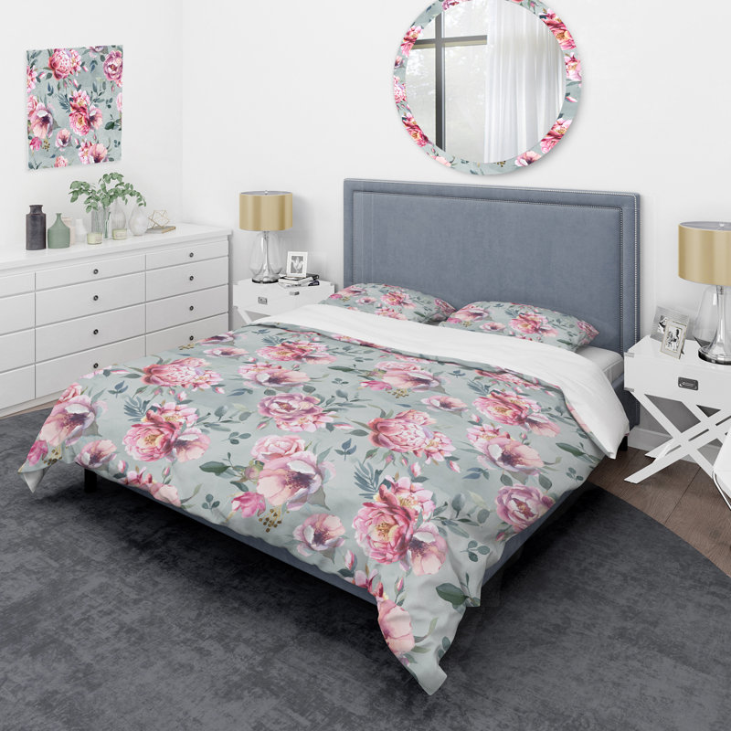 Pink Flowers And Grey Leaves Polyester Floral Duvet Cover, King Duvet Cover + 2 King Shams
