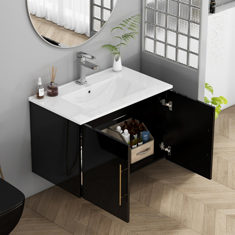 Ensemble de meuble-lavabo mural noir brillant 30 po avec lavabo, Noir