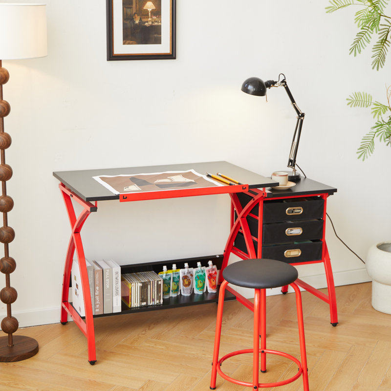 Table à dessin rouge avec tabouret