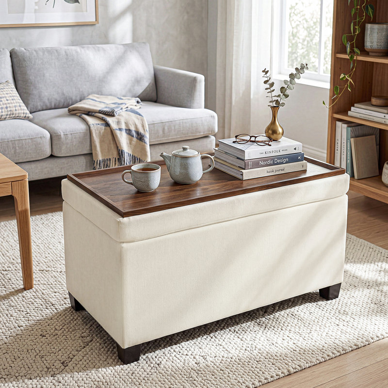 Banc rembourré rectangulaire avec rangement 30 "avec plateau, Beige Cotton Linen