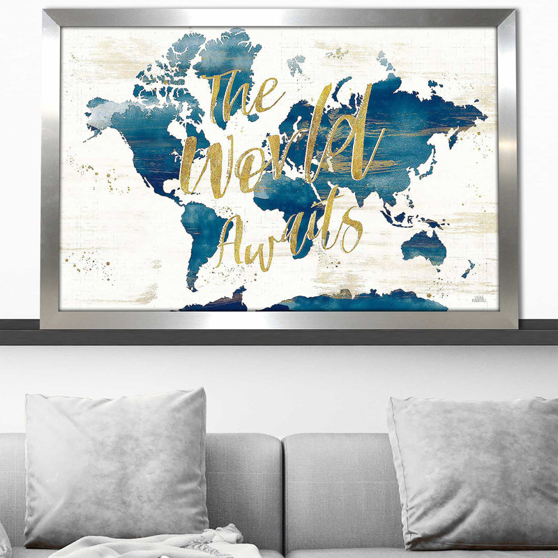 «Desert Blooms Abstact Map the World» par Laura Marshall - impression, Encadrement argenté, H 21,5 po x l 27,5 po x P 0,75 po