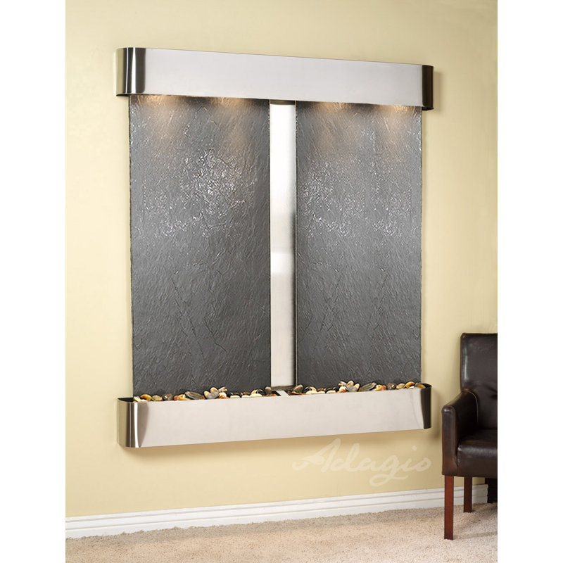 Cottonwood Falls Fountain with Light, Black Feather, Stainless Steel, Rounded