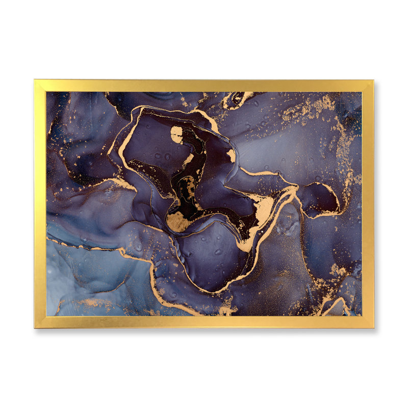 Mauve et or, abstrait fluide de luxe - peinture sur toile, H 30 po x l 40 po x P 1,5 po, Encadrement doré