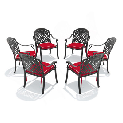 Chaise de patio en fonte d'aluminium 6 pièces avec cadre noir et coussins rouges