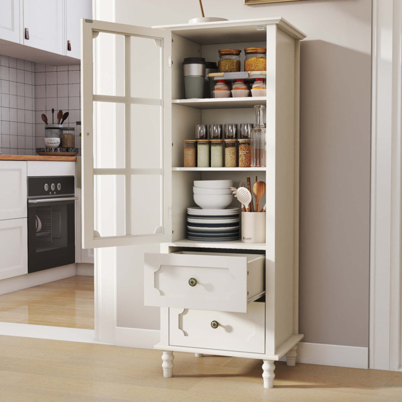 Buffet minimalisme avec portes en verre et double tiroir, Blanc crémeux