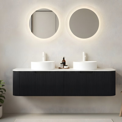 Meuble-lavabo flottant mural 60 po avec 2 lavabos ronds blancs en céramique et 2 tiroirs