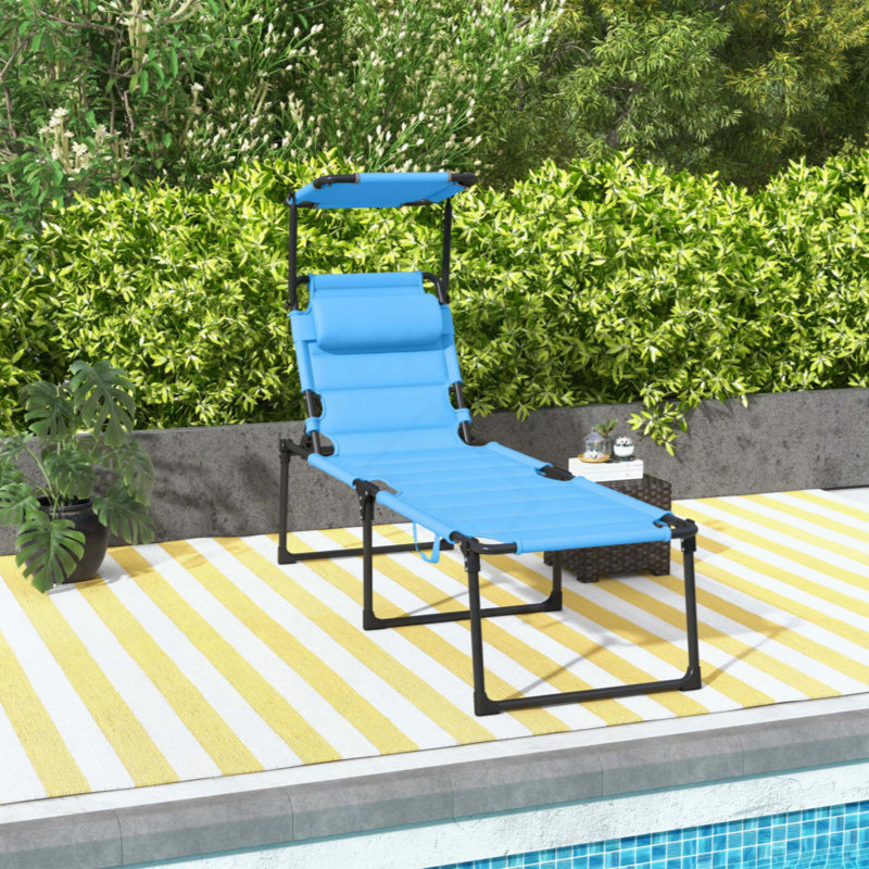 Outdoor Lounge Chair, Adjustable Backrest Folding Chaise Lounge, Cushioned Chair W/Sunshade Roof & Pillow Headrest For Beach, Camping, Hiking