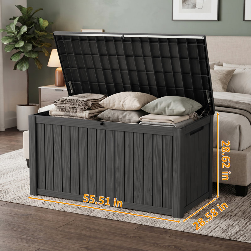 Boîte de rangement extérieure 200 gallons, boîtes de rangement extérieures en résine imperméable, contenant verrouillable pour outils de jardinage, coussins intérieurs, accessoires