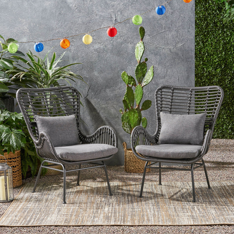 Patio Chair with Cushions (Set of 2), Gray Cushion/Gray Frame