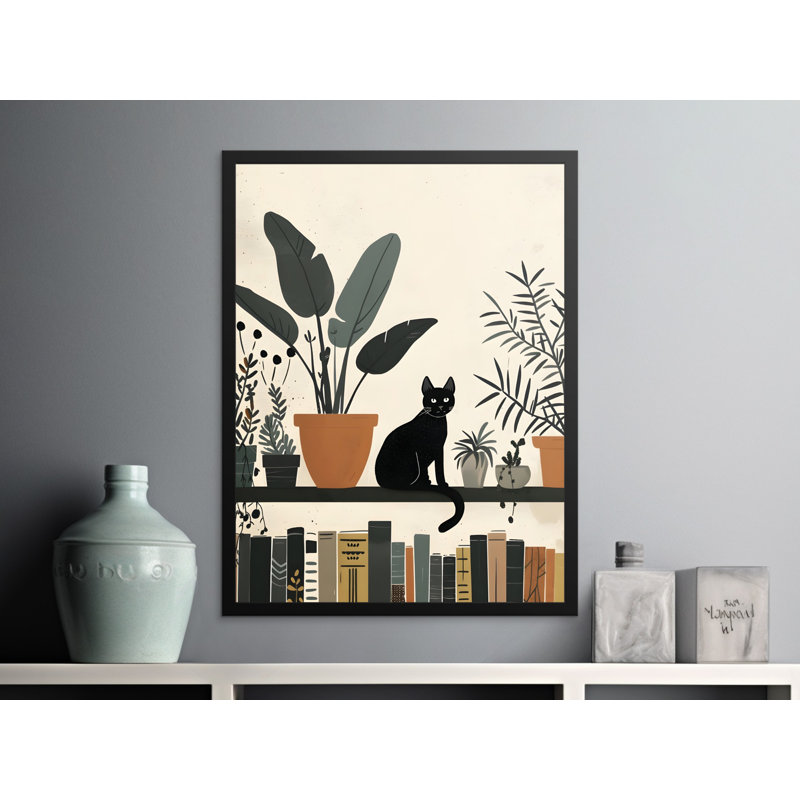 Black Cat Wall Art, Cat with Plants Print, Bookshelf Art, Framed Art, Home Decor, Cat Lover Gift, Modern Wall Decor, Available Sizes
