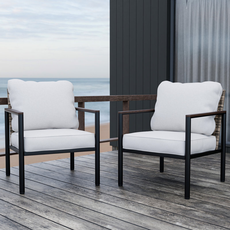Chaise de salle à manger d'extérieur en osier avec cadre en acier (ensemble de 2), Beige