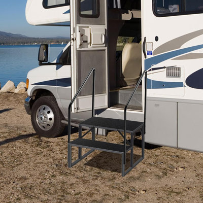 Échelle portative à 2 marches pour véhicule récréatif avec 2 rampes et marches antidérapantes, capacité de 660 lb, escalier extérieur polyvalent pour véhicules récréatifs, remorques, spas, piscines, porches et camping