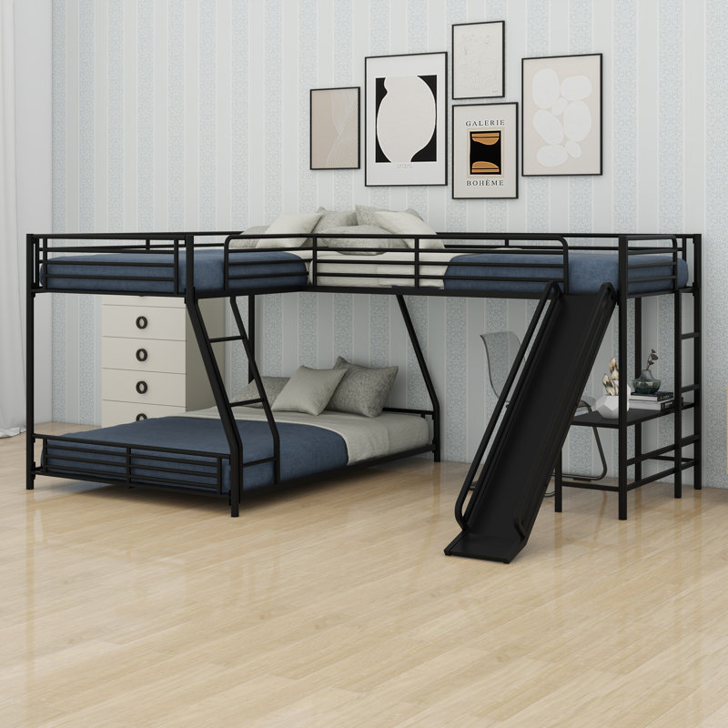 L-Shaped Twin Over Full Size Bunk Bed With Twin Size Loft Bed，Bed With Built-In Desk And Slide