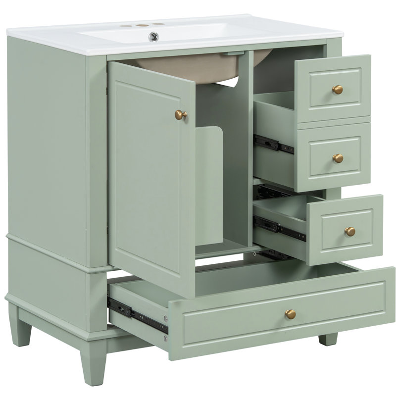 Meuble-lavabo 30 po avec lavabo, une porte avec tablette et trois tiroirs, porte à fermeture douce, vert clair