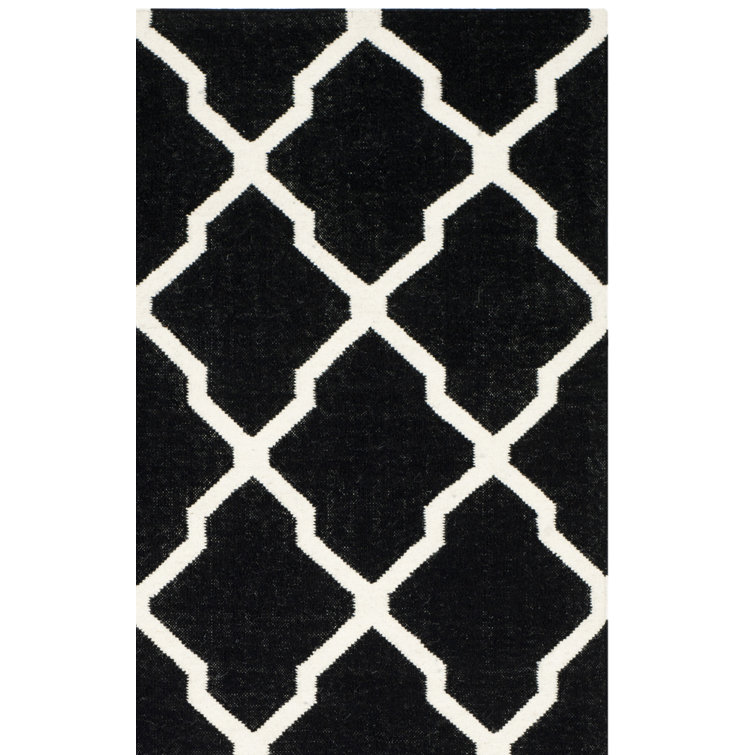 Rodgers Hand Woven Flat Weave Wool/Cotton Geometric Rug in Black/Ivory