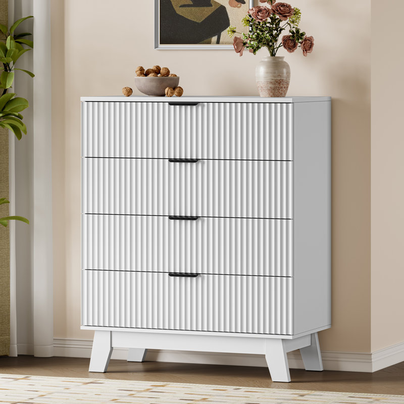 Commode à 4 tiroirs l 31,5 po, commode en MDF avec poignée en métal pour chambre à coucher et salon, Blanc