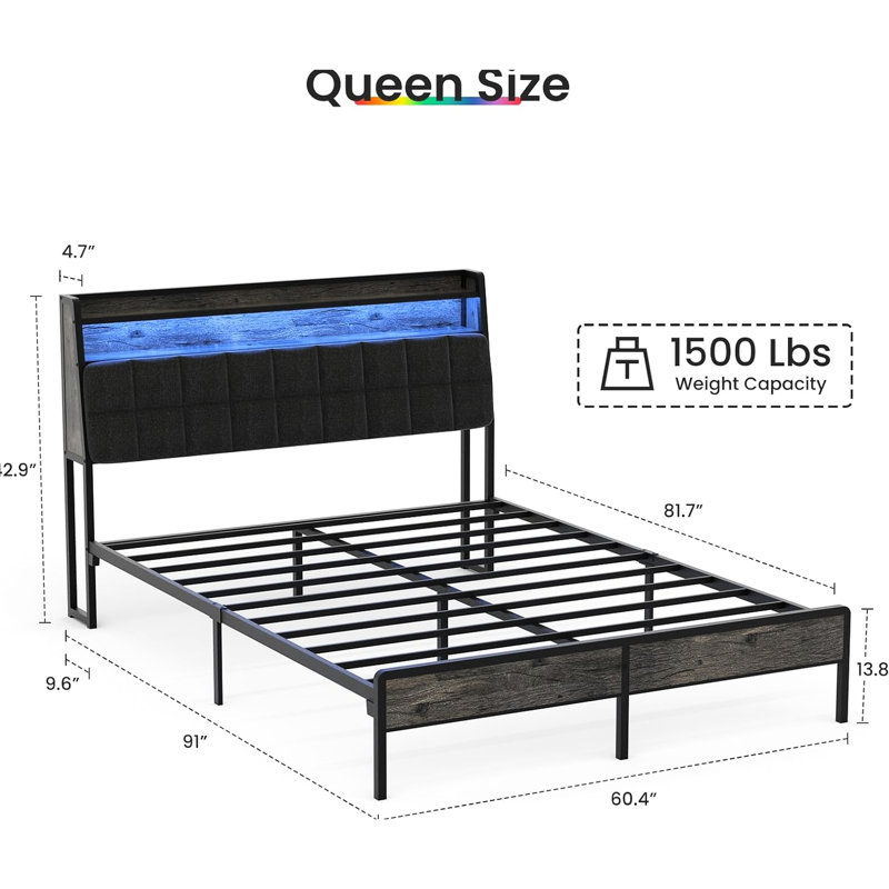 Structure de grand lit avec tête de lit ergonomique, 23 modes d'éclairage, modes de chargement et de rangement