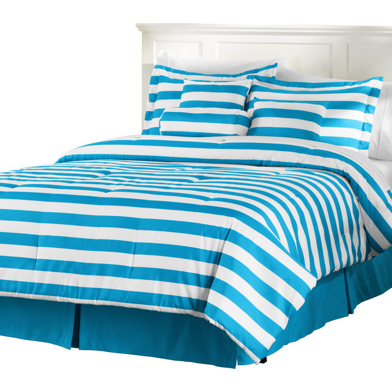 Basics Polyester Standard Striped Comforter, Queen, White / Blue