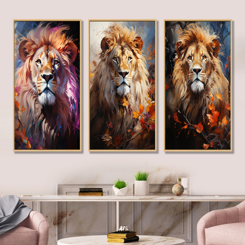 Lion Sun Kissed Mane Sovereign - Ensemble de 3 décorations murales lion, Cadre flottant brun, H 28 po x l 36 po