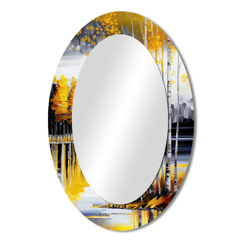 Bouleaux gris et jaunes au bord du lac I - grand miroir mural ovale sur métal, 36 po x 24 po