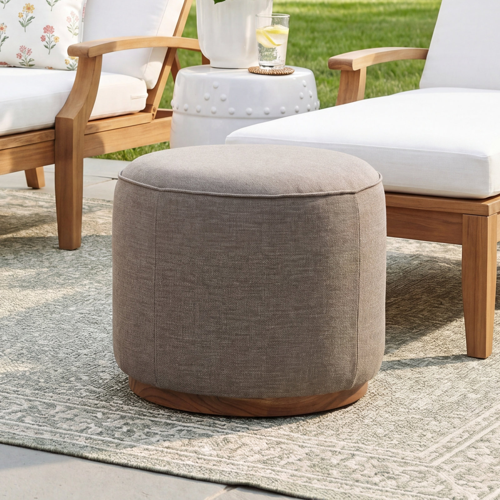 Devin Round Outdoor Ottoman with Cushion, Brown