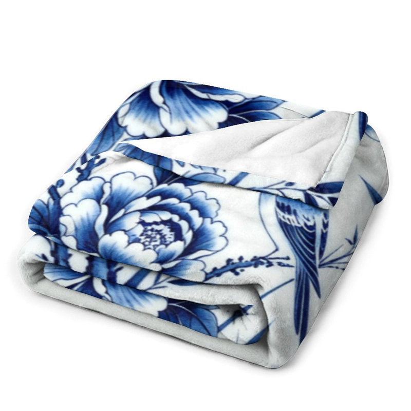 Jeté en flanelle de luxe bleu et blanc en bambou, couverture douce et chaude pour le canapé-lit du salon, 40 po x 50 po
