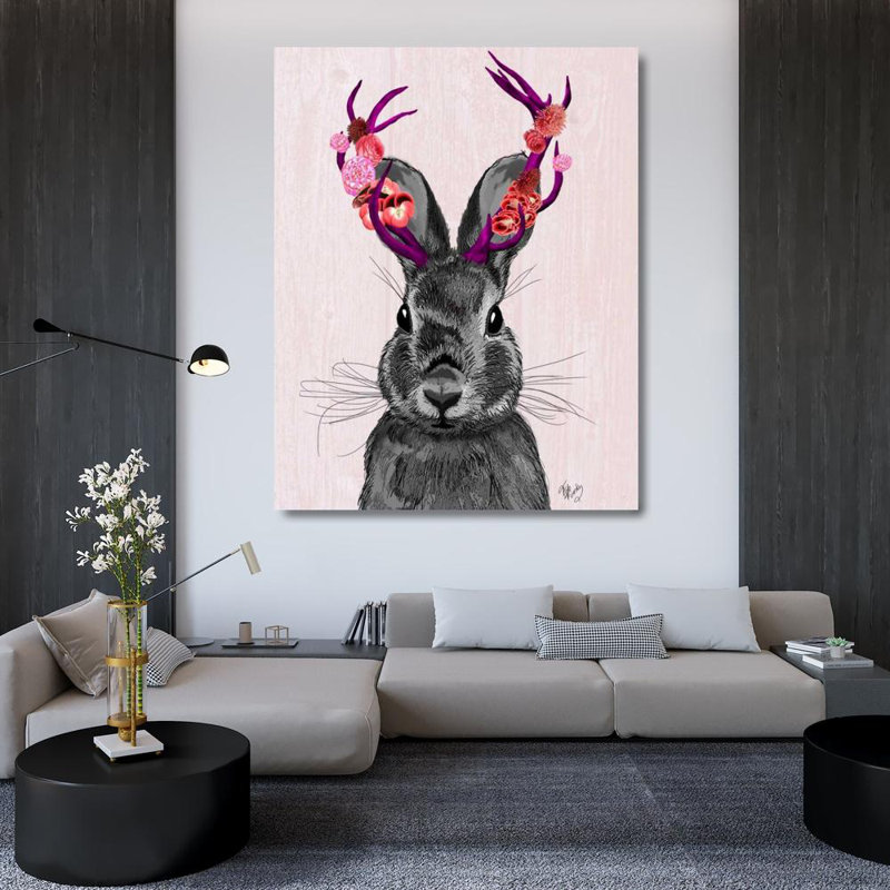 Art sur toile tendue de la galerie Trinx Fab Funky: Jackalope avec des bois roses, H 45 po x l 36 po