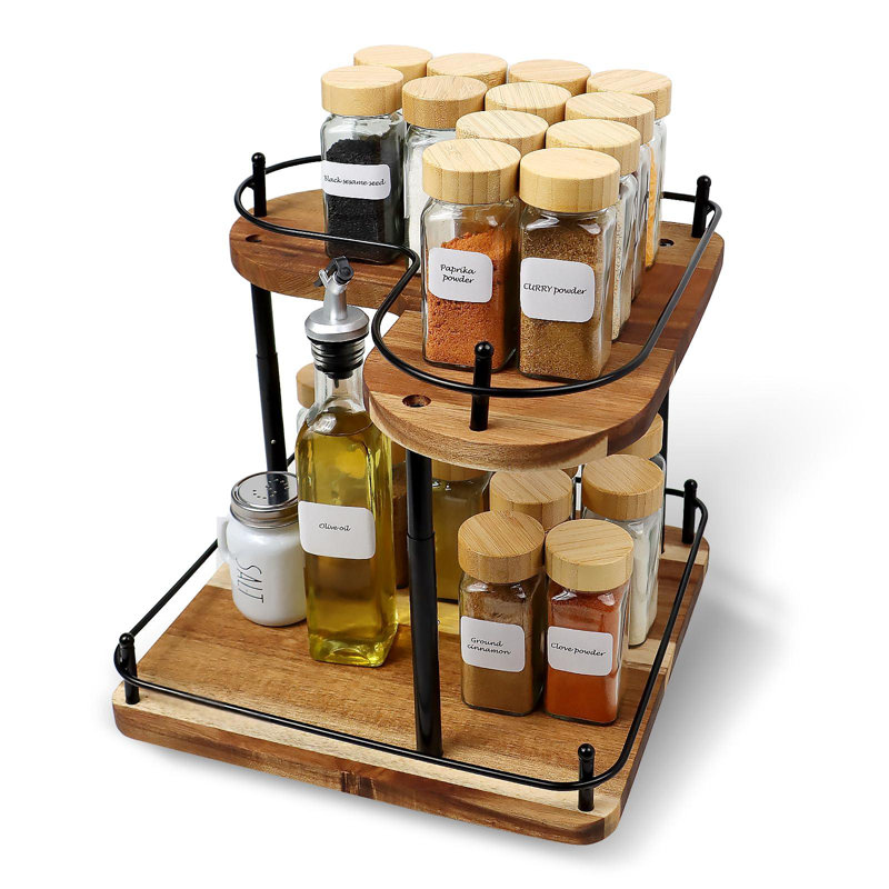 Wooden Spice Rack Organizer Lazy Susans Rotating Countertop 2 Tiered Display Shelf Kitchen Adjustable Height Spinning Spice Rack 11.8INCH Large Capacity Pine Wooden
