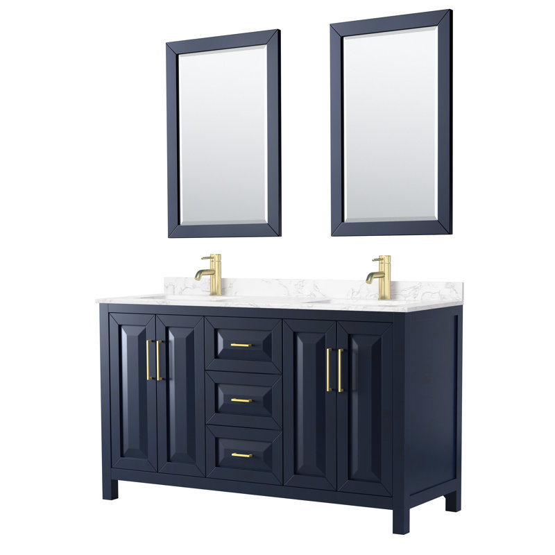 Daria 60'' W Double Vanity, Carrara Cultured Marble, Dark Blue, Brushed Gold
