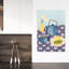Art mural fleuri bleu, théière bleue