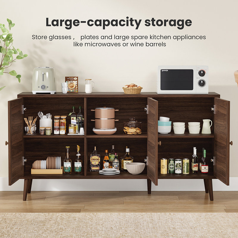 Buffet en rotin naturel avec grand rangement, robuste et multifonctionnel pour la salle à manger et la cuisine, Noyer