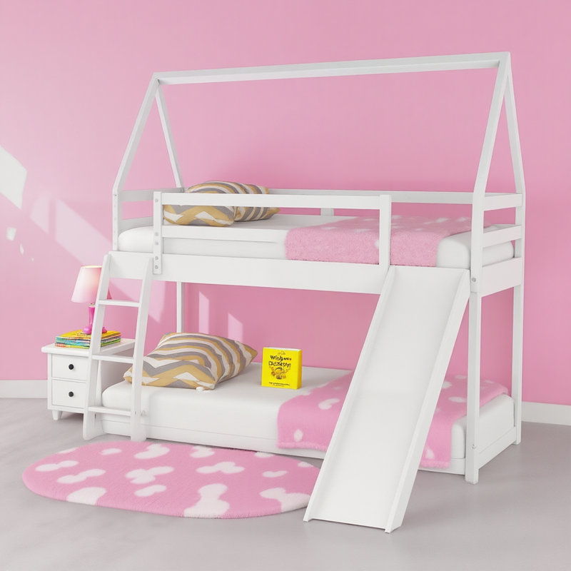 Lit superposé simple gris avec glissoire et échelle, lit de jeu amusant pour enfants, Gris