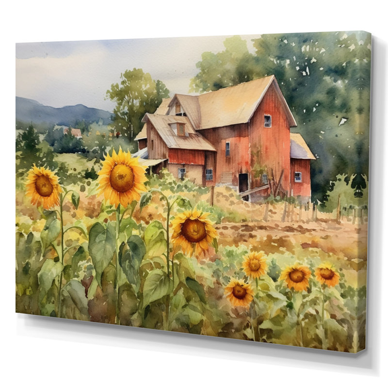 Tournesol doré à la ferme III - art mural floral, H 34 po x l 44 po x P 1,5 po, Toile tendue