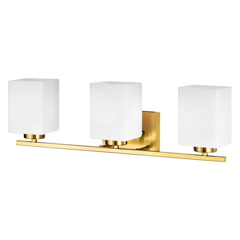 Brushed Nickel Indoor Bathroom Vanity Lights With Etched White Glass Square Rectangle Shades, 3 Lights, Gold