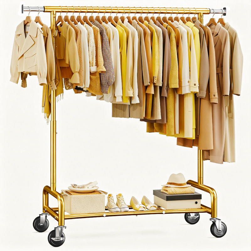 Clothes Rack Heavy Duty Clothing Rack With Wheels, Adjustable Garment Rack For Hanging Cloth Loads 400 Lbs Chrome, Gold