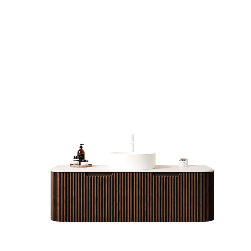 Meuble-lavabo de salle de bain 48 po avec lavabo vasque en céramique blanche, armoire flottante, noyer foncé, 2 tiroirs, grand espace, glissières de tiroir à fermeture en douceur, cuve de comptoir, contreplaqué à rayures 3D, pré-assemblé, système, facile