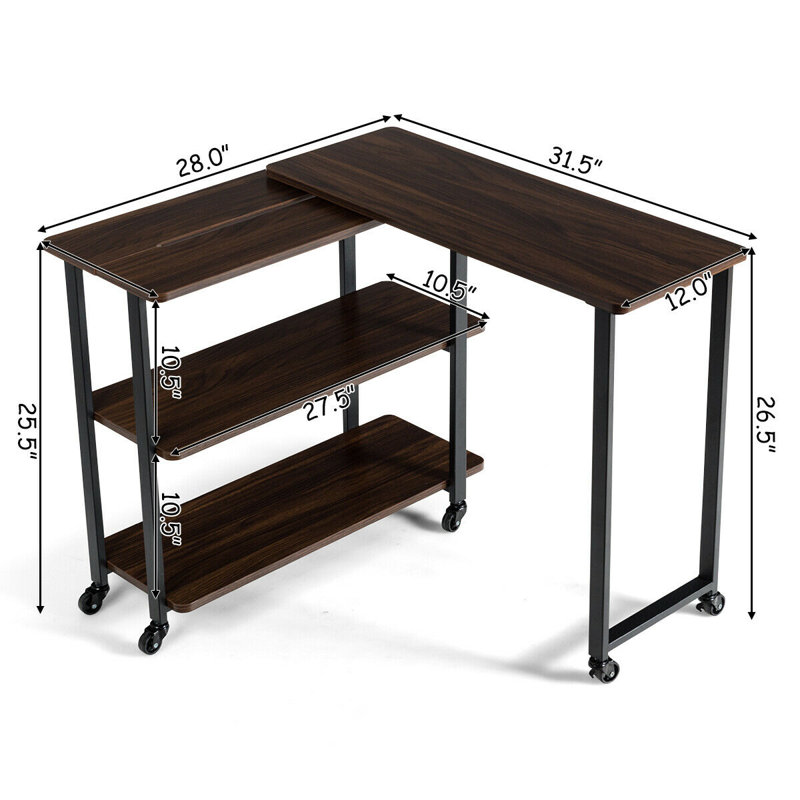 Ercan L-Shaped Metal Base Writing Desk, Walnut/Black