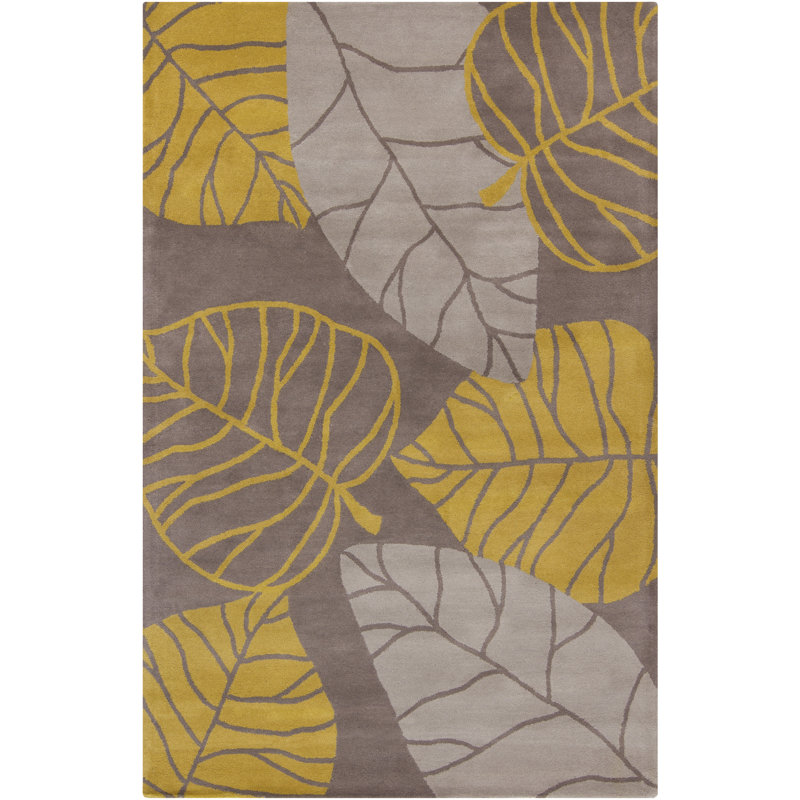 Tapis botanique moderne en laine touffeté à la main gris et or Venegas, 5 pi x 7 pi 6 po