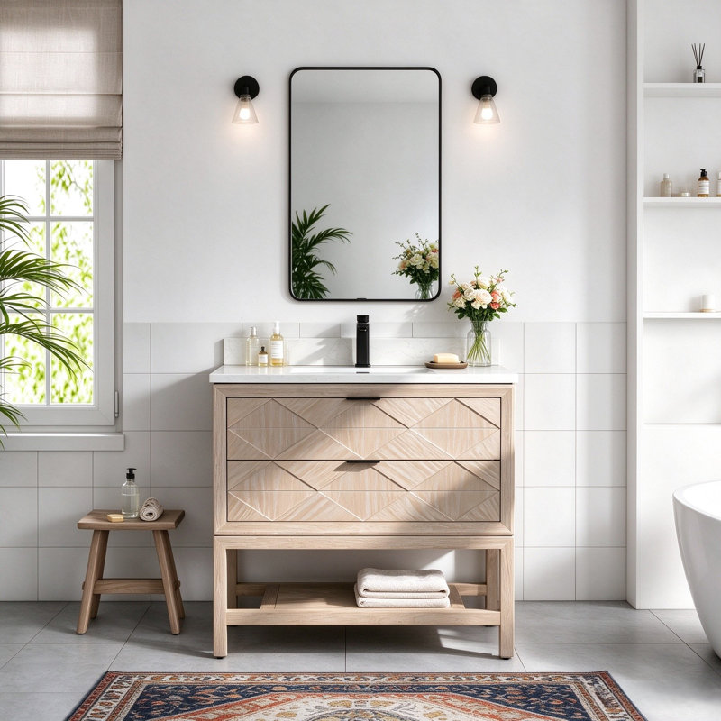 36" Freestanding Single Sink Solid Wood Natural Oak Bathroom vanity with Engineered Marble Top, White Washed Oak
