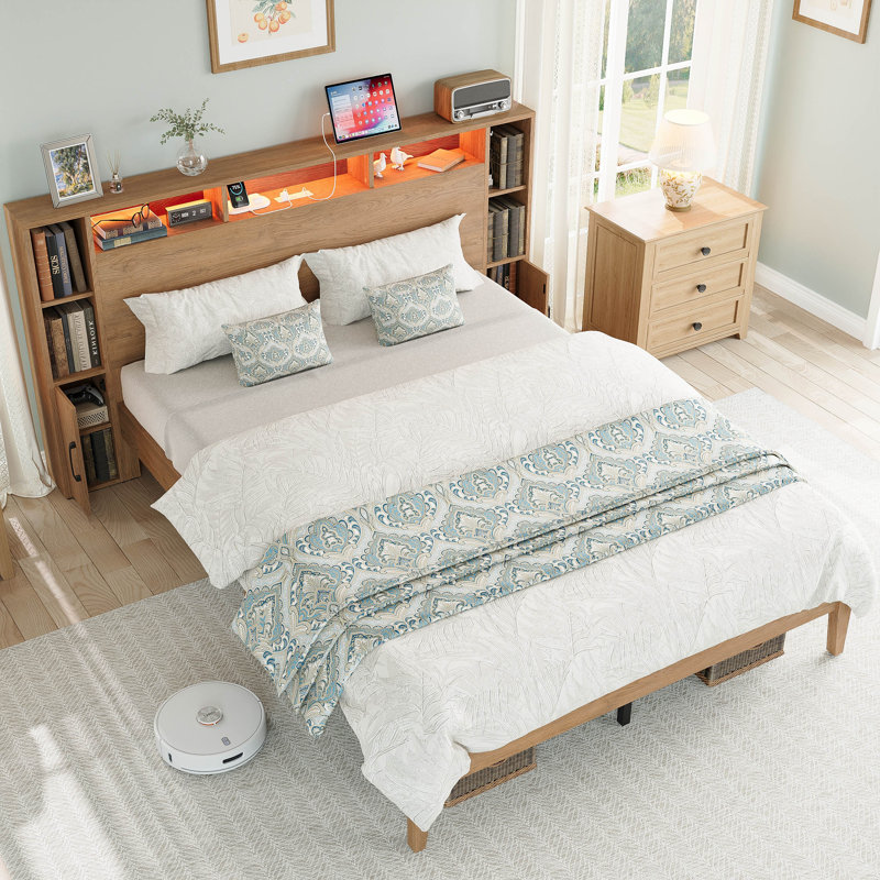 Aeterna Wooden Queen Size Bed Frame With Storage Headboard,  No Box Spring Needed, Natural Wood Color