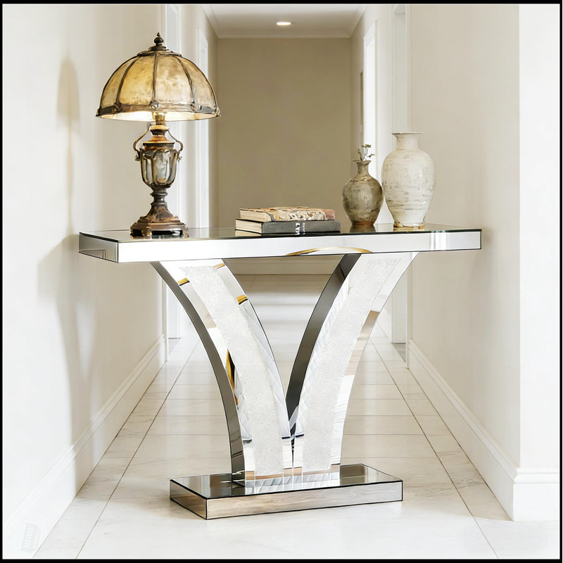 Table de vestibule en forme de V, table d'appoint en miroir, console avec finition réfléchissante pour une élégance moderne et une mise en valeur de l'espace
