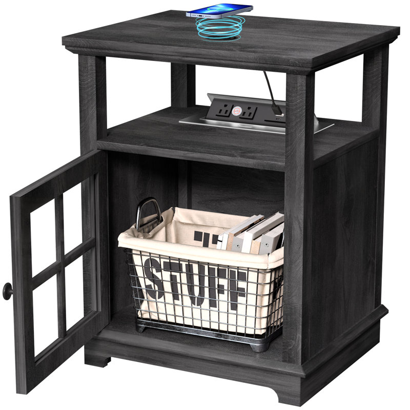 Cherelyn 24" Tall End Table with Storage and Built-In Outlets for Living Room, Nightstand for Bedroom, Office, Black, Black