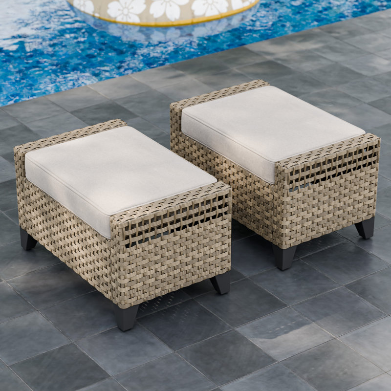 Outdoor Patio Brown Wicker Ottomans Footrests with Cushion Set of 2, Gray
