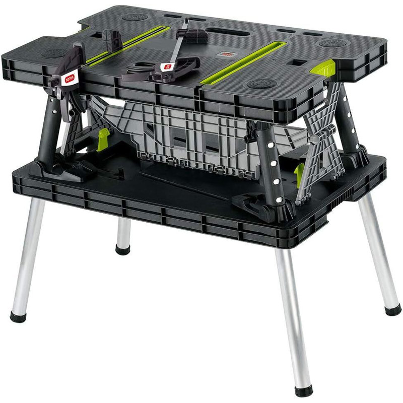 Keter Folding Table Work Bench for Miter Saw Stand with Included 12 Inch Wood Clamps Ideal for Woodworking and Accessories