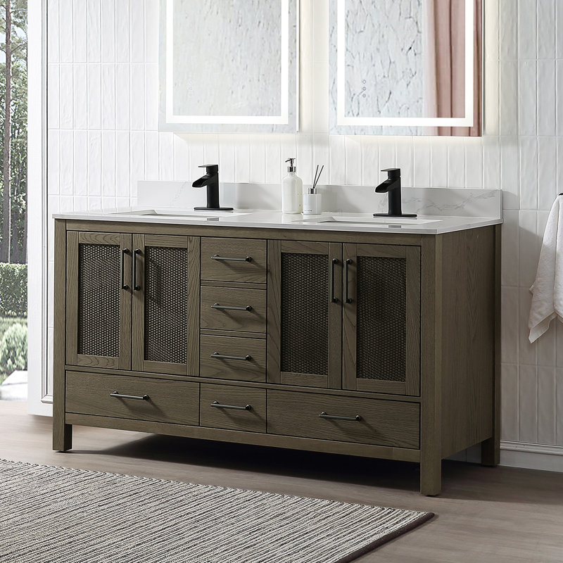 Meuble-lavabo double 60 po avec comptoir en quartz 60 po, Gris